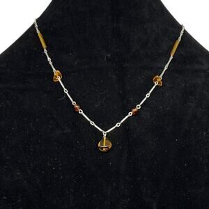 Vintage Art Deco Style Amber bead Delicate Chain Necklace Silver Tone Y-Drop